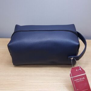 PERRY ELLIS Mens Navy Faux Leather Zip Case Travel Shave Toiletry Kit Bag Pouch